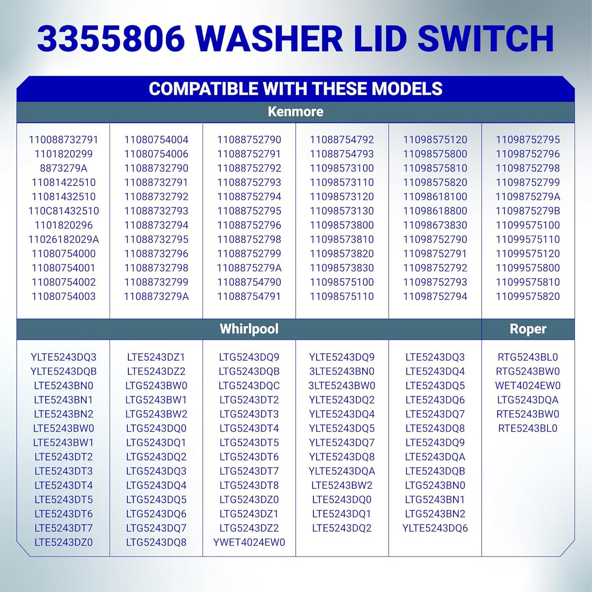 3355806 Washer Lid Switch compatibility chart listing Kenmore, Whirlpool, and Roper model numbers