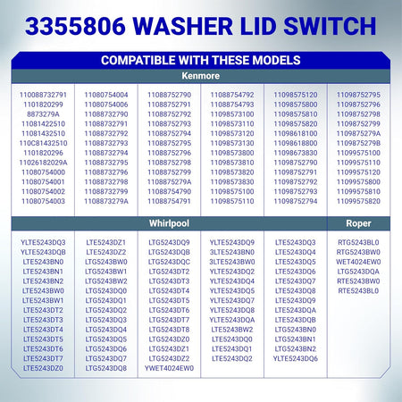 3355806 Washer Lid Switch compatibility chart listing Kenmore, Whirlpool, and Roper model numbers