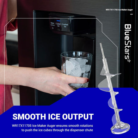 WR17X11705 ice maker auger replacement shown next to a refrigerator ice dispenser in use.