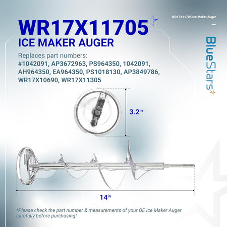 WR17X11705 ice maker auger replacement for GE refrigerators showing 14-inch length and 3.2-inch diameter dimensions.