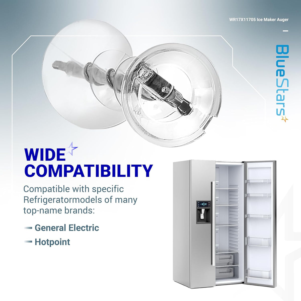 WR17X11705 ice maker auger replacement for GE and Hotpoint refrigerators shown with compatibility graphic.