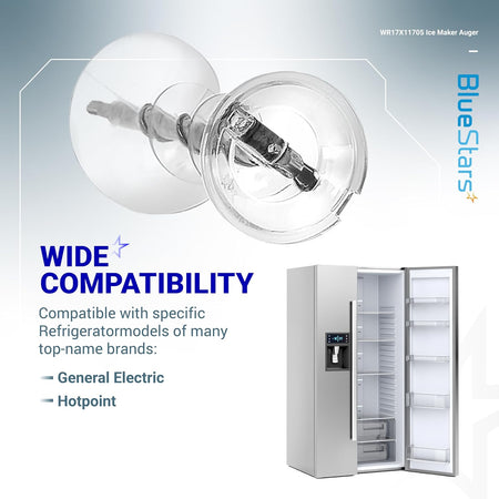 WR17X11705 ice maker auger replacement for GE and Hotpoint refrigerators shown with compatibility graphic.