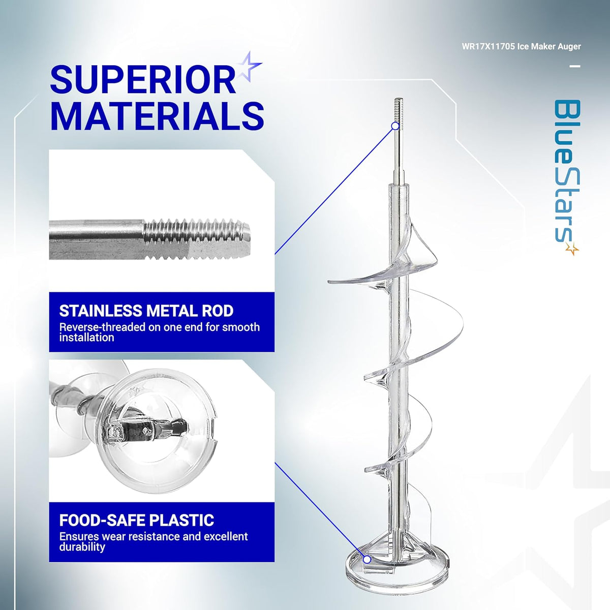 WR17X11705 ice maker auger replacement showing stainless metal rod and food-safe plastic construction details.