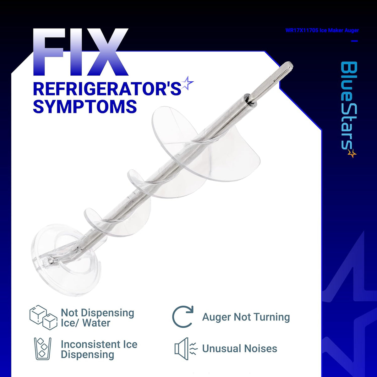 WR17X11705 ice maker auger replacement for GE refrigerators shown with symptom troubleshooting icons.