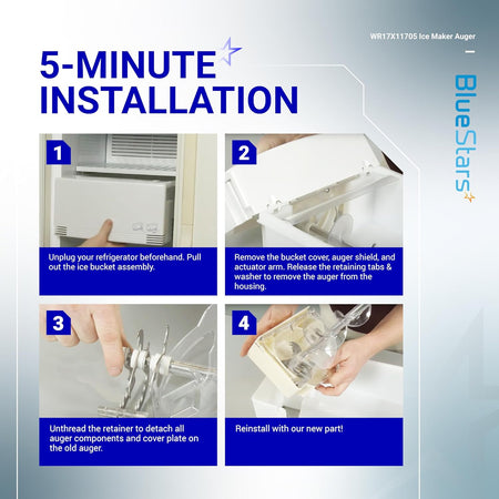 Four-step installation guide for WR17X11705 ice maker auger replacement in GE and Hotpoint refrigerators.