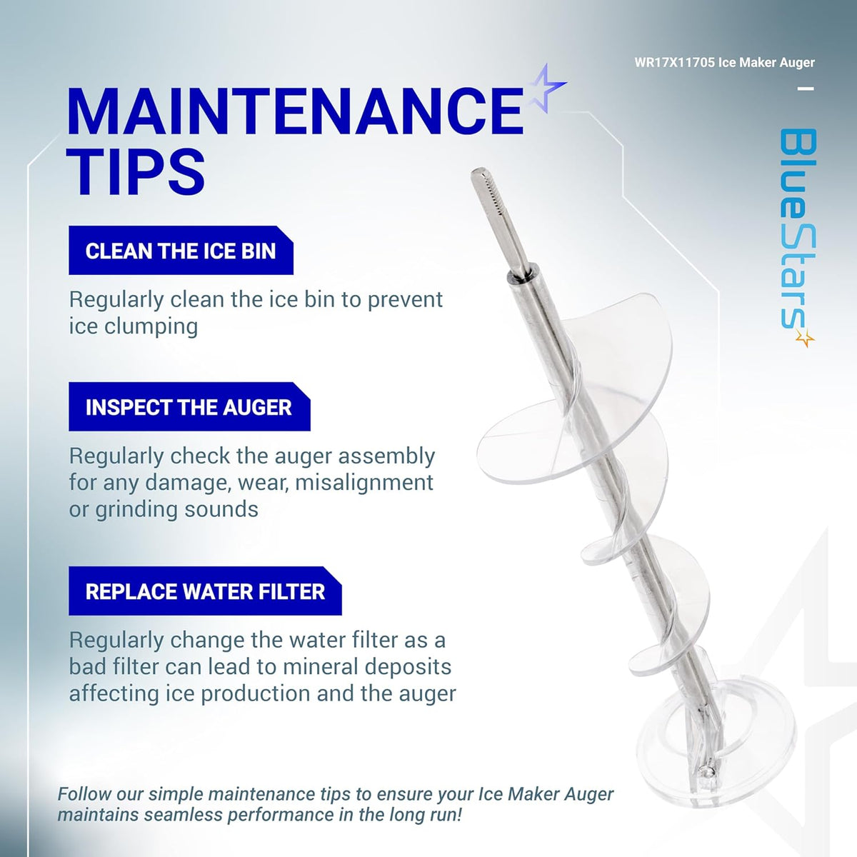 WR17X11705 ice maker auger replacement with maintenance tips infographic for GE refrigerators.