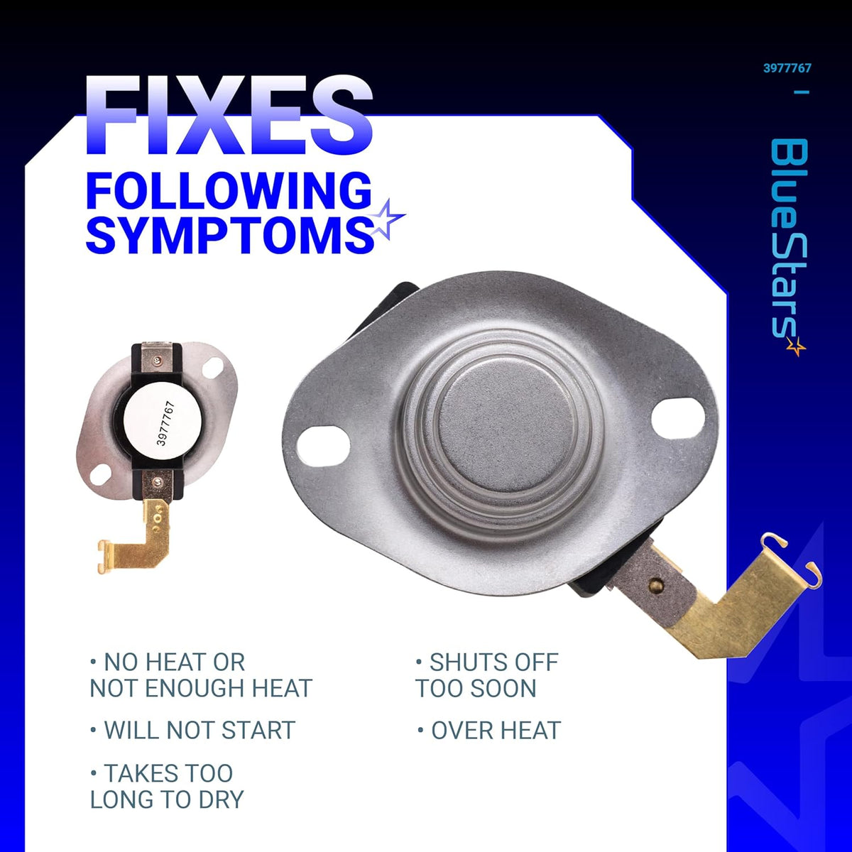 3977767 dryer thermostat replacement showing symptoms fixed, compatible with Whirlpool and Kenmore dryers.