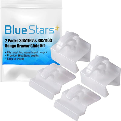 Blue Stars range oven drawer glide kit with four white plastic glides and branded packaging.