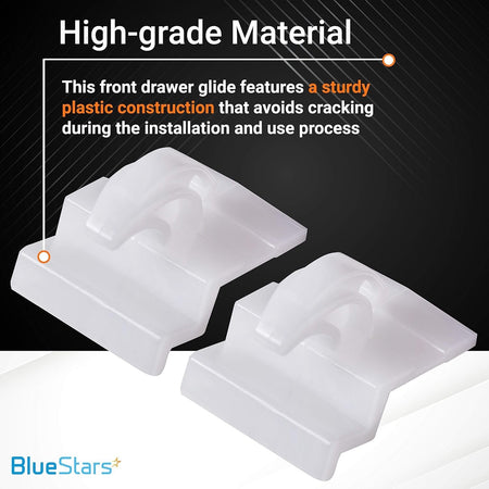 Two white plastic range oven drawer glides for Electrolux and Frigidaire ranges.