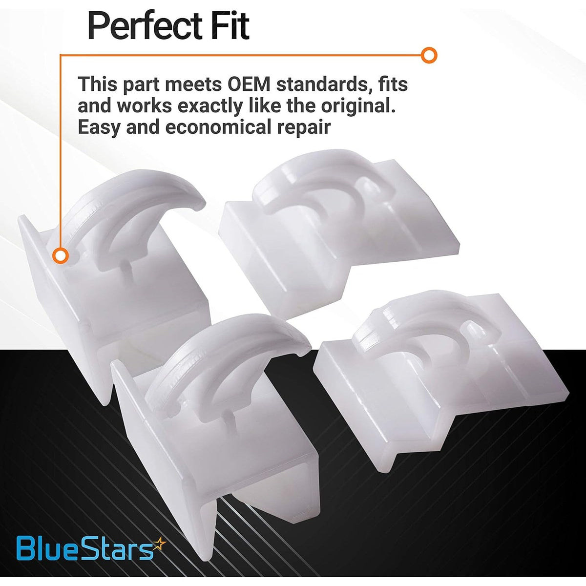 Four white plastic range oven drawer glides compatible with Electrolux and Frigidaire ranges.