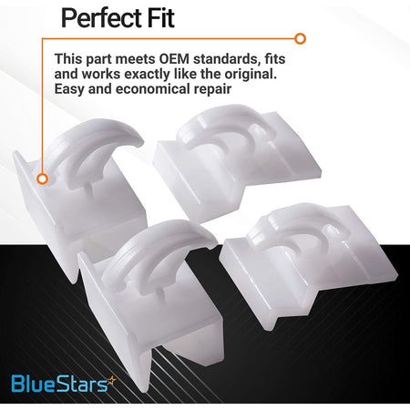Four white plastic range oven drawer glides compatible with Electrolux and Frigidaire ranges.