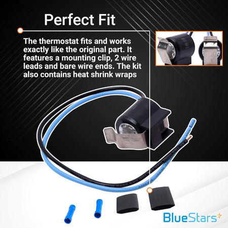 5303918214 refrigerator defrost thermostat kit with mounting clip, two wire leads, and included heat shrink wraps.