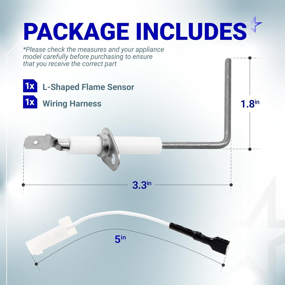 L-shaped furnace flame sensor and wiring harness with dimensions shown for LH680014 and LH680534 replacement.