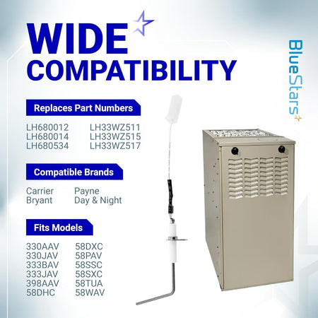 Furnace flame sensor replacement part with compatibility chart for Carrier, Bryant, Payne, and Day & Night models.
