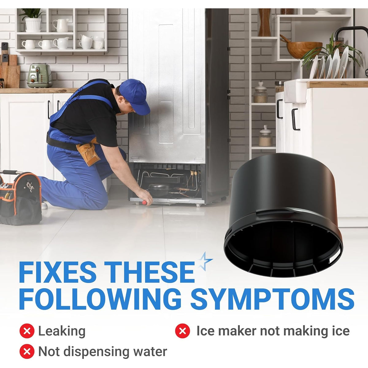 Black refrigerator water filter cap replacement shown with a technician repairing a fridge and a list of common symptoms.