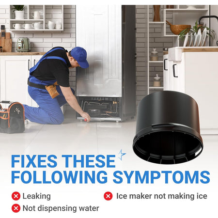 Black refrigerator water filter cap replacement shown with a technician repairing a fridge and a list of common symptoms.