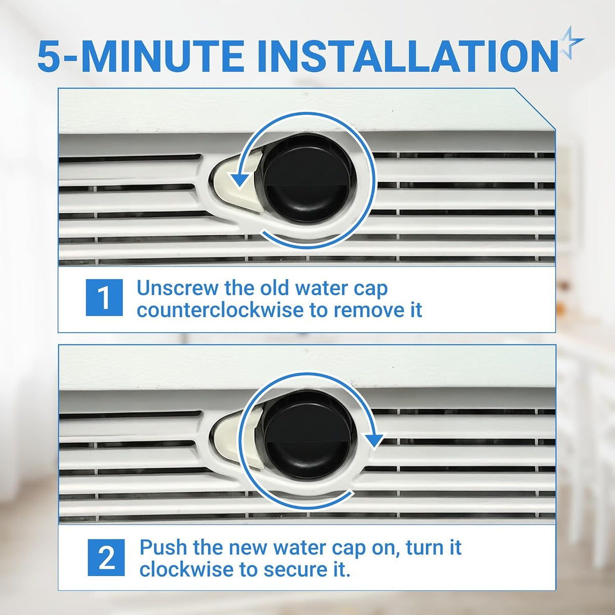 Installation guide showing how to remove and replace a refrigerator water filter cap in two simple steps.