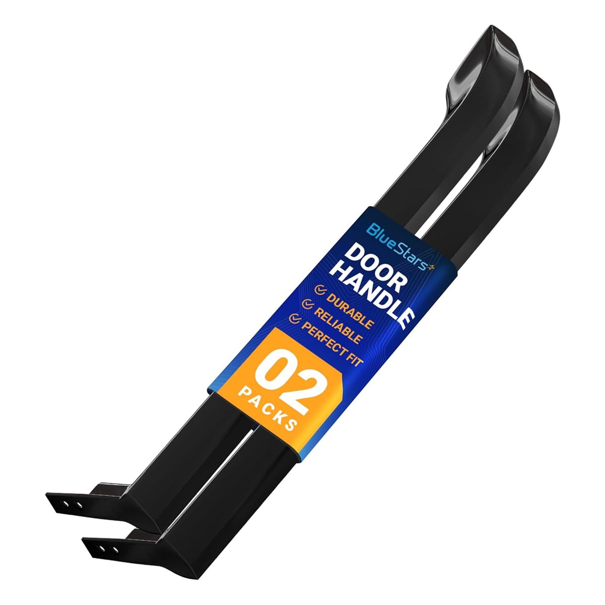 Set of two black refrigerator door handles, replacement for 5304506471, bundled with BlueStars branding label.