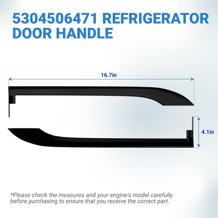 Dimensional diagram of 5304506471 refrigerator door handle set showing 16.7-inch length and 4.1-inch height.