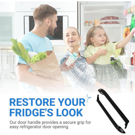 Two black refrigerator door handles shown in a lifestyle advertisement for kitchen appliance repair.