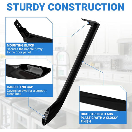 Infographic showing 5304506471 refrigerator door handle features including mounting block, end cap, and glossy finish.