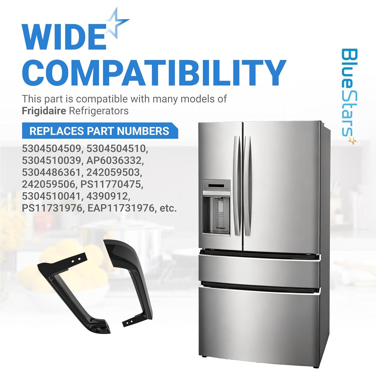 Infographic showing two black refrigerator door handles and their compatibility with Frigidaire refrigerator models.