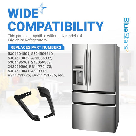 Infographic showing two black refrigerator door handles and their compatibility with Frigidaire refrigerator models.