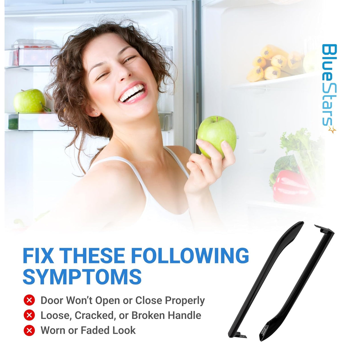 Two black refrigerator door handles with a graphic showing symptoms of a broken handle and a smiling woman.