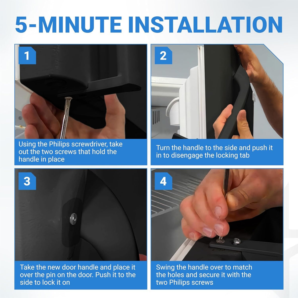 Four-step installation guide for 5304506471 refrigerator door handle showing how to remove and attach the handle.