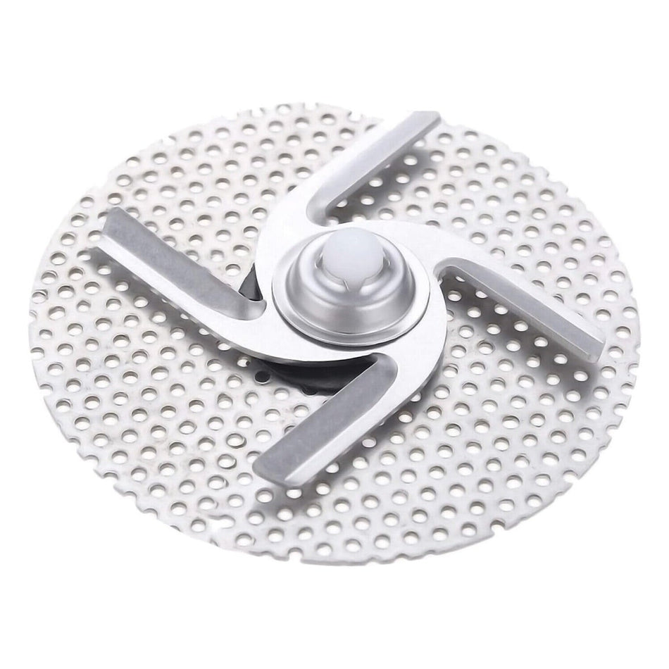 Stainless steel dishwasher chopper blade assembly with filter screen for KitchenAid, Whirlpool, and Kenmore dishwashers.