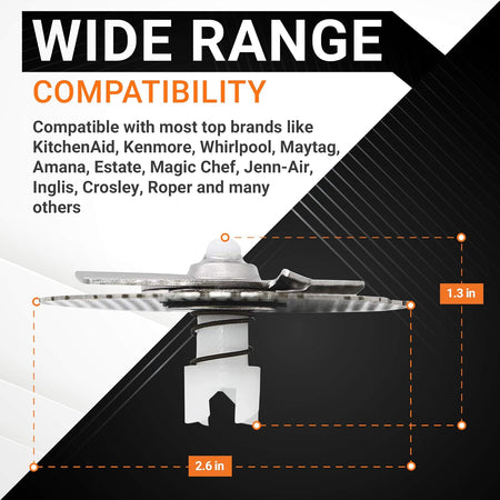 W10083957V dishwasher chopper blade showing dimensions and compatibility with major appliance brands.