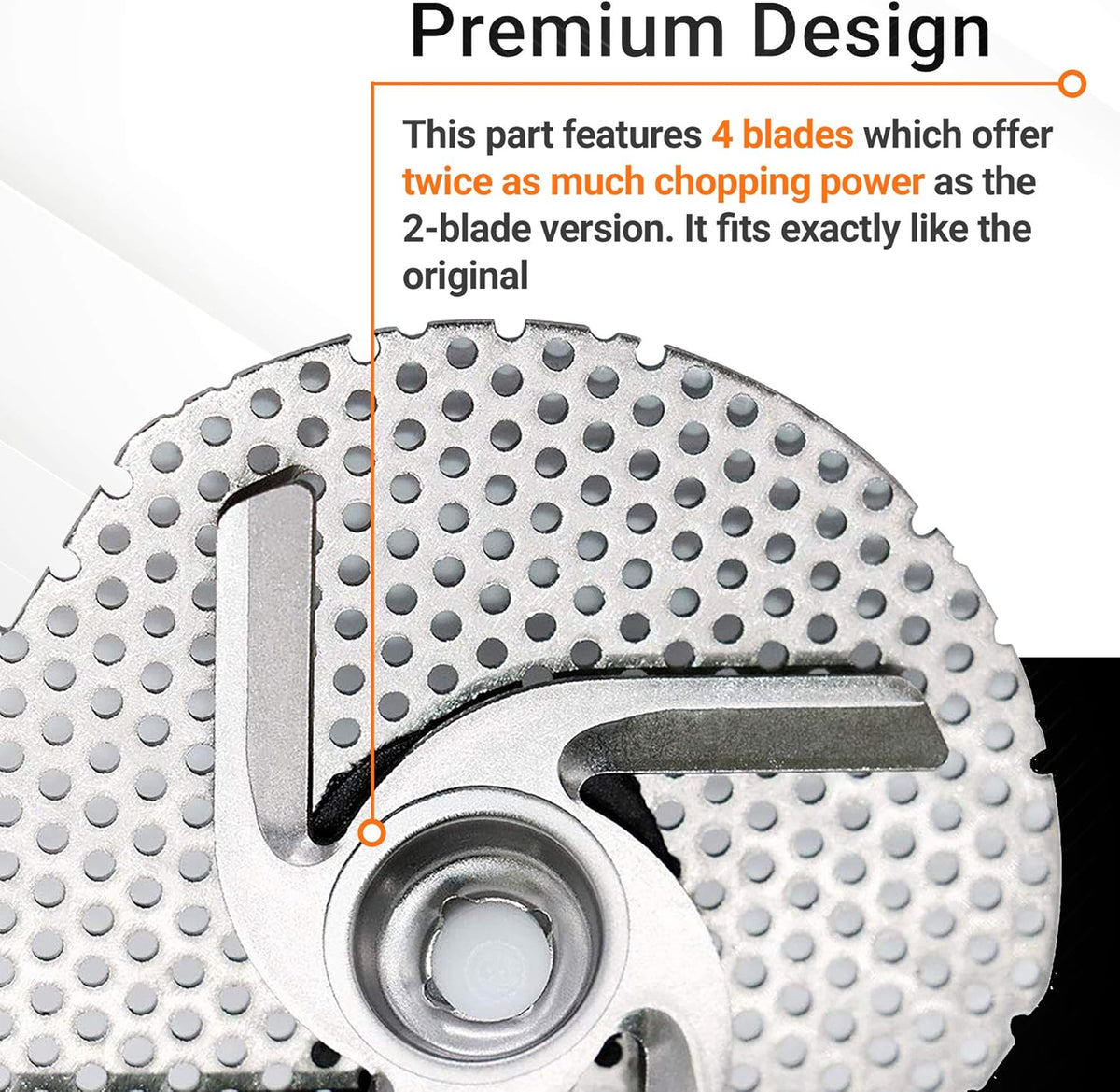 Close-up of W10083957V dishwasher 4-blade stainless steel chopper assembly with perforated filter screen.