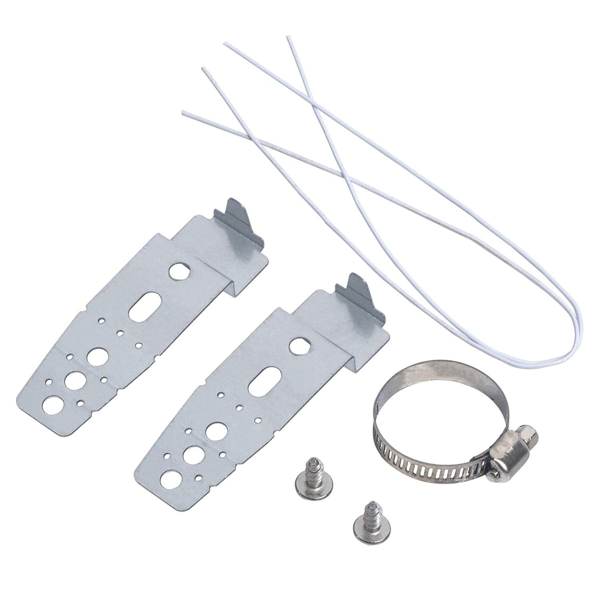 LG dishwasher mounting bracket kit including two metal brackets, screws, a hose clamp, and wire ties.