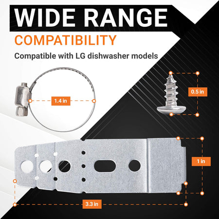 Infographic showing dimensions for LG dishwasher mounting bracket, hose clamp, and screw.