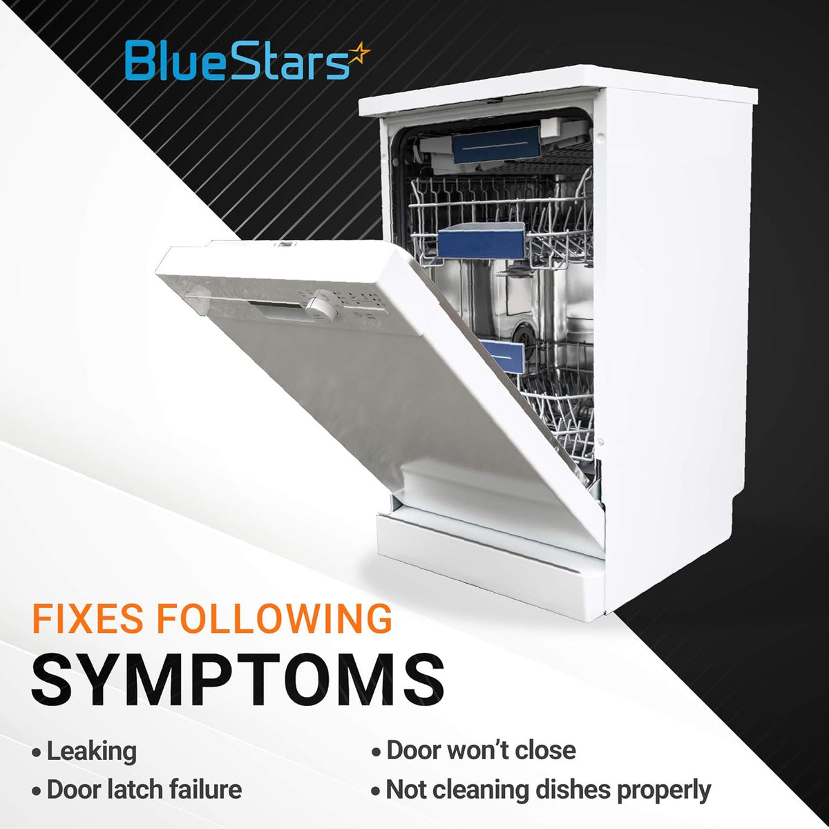 White LG dishwasher with open door illustrating common repair symptoms for mounting bracket replacement.