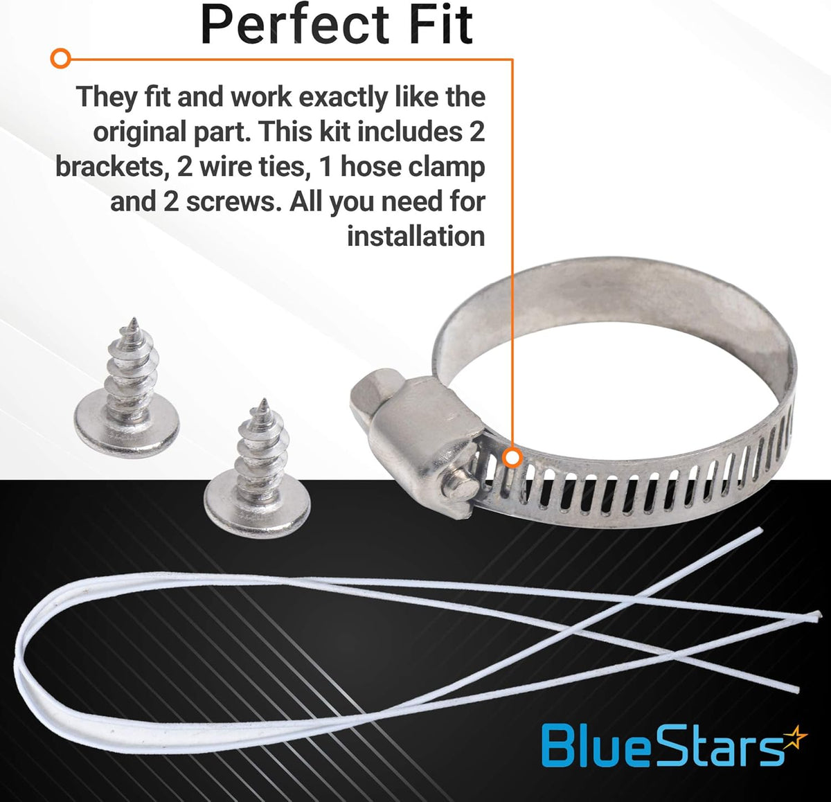 Dishwasher mounting kit components including two screws, one hose clamp, and two wire ties for LG dishwasher installation.