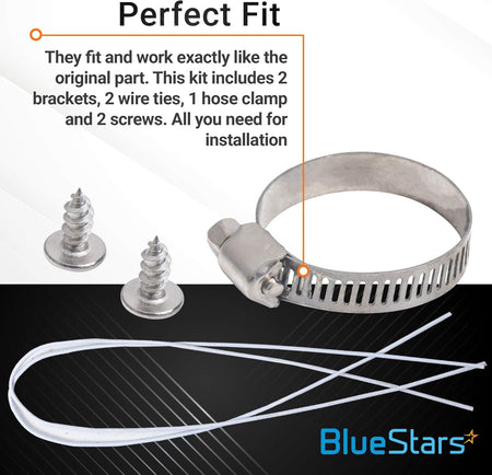 Dishwasher mounting kit components including two screws, one hose clamp, and two wire ties for LG dishwasher installation.