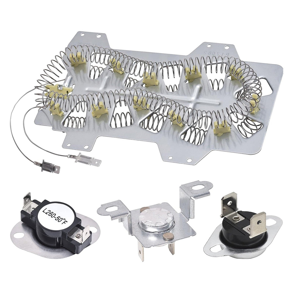 DC47-00019A dryer heating element assembly with thermal fuses and thermostats for Samsung dryers.