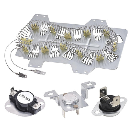 DC47-00019A dryer heating element assembly with thermal fuses and thermostats for Samsung dryers.