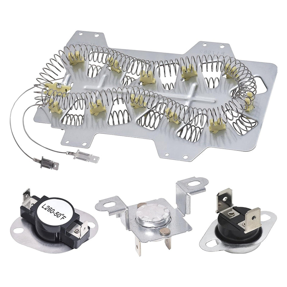 DC47-00019A dryer heating element assembly with thermal fuses and thermostats for Samsung dryers.