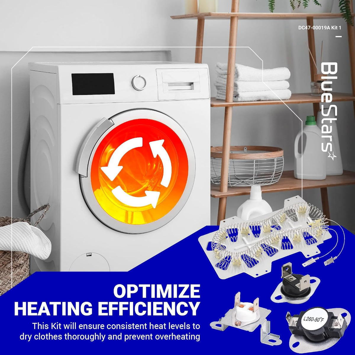 DC47-00019A dryer heating element kit with thermostats for Samsung dryers shown in a promotional graphic.
