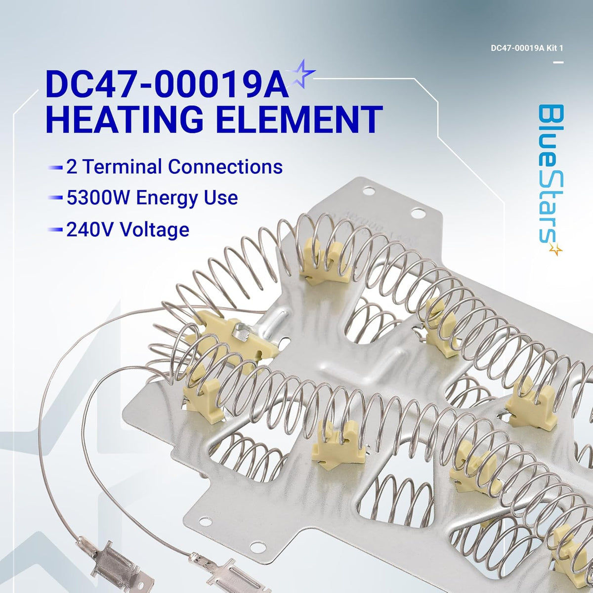 DC47-00019A dryer heating element assembly with 240V 5300W coil for Samsung dryers.