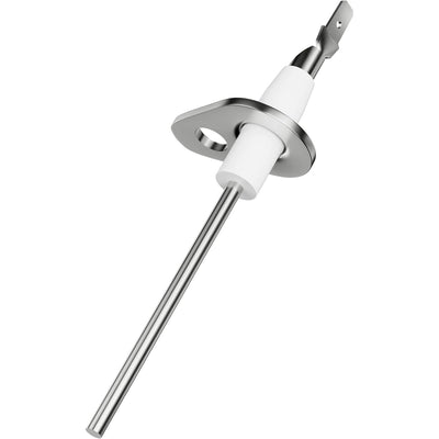 0130F00010 furnace flame sensor with metal rod, white ceramic insulator, and mounting bracket.
