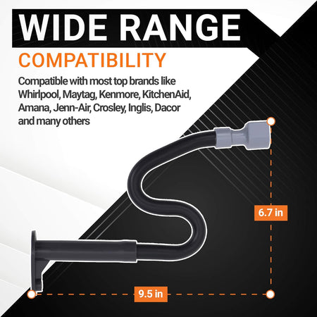 W10619951 refrigerator drain tube showing dimensions and compatibility with Whirlpool, Maytag, and Kenmore appliances.