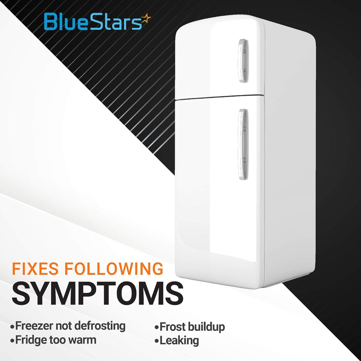 Infographic showing refrigerator symptoms fixed by W10619951 drain tube replacement for Whirlpool, Maytag, and Kenmore.