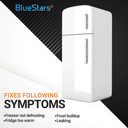 Infographic showing refrigerator symptoms fixed by W10619951 drain tube replacement for Whirlpool, Maytag, and Kenmore.