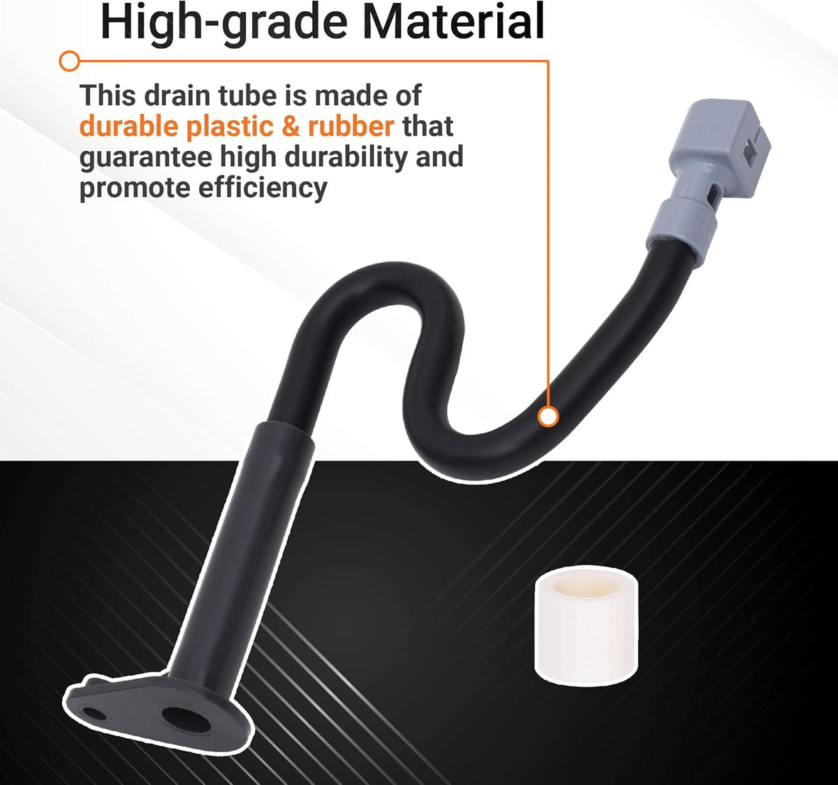 W10619951 refrigerator drain tube replacement showing durable plastic and rubber construction with connector.