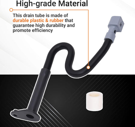 W10619951 refrigerator drain tube replacement showing durable plastic and rubber construction with connector.
