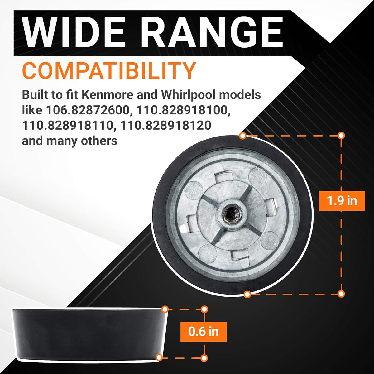 Dimensional diagram of 3362624 washer timer knob showing 1.9-inch diameter and 0.6-inch height for Whirlpool and Kenmore.