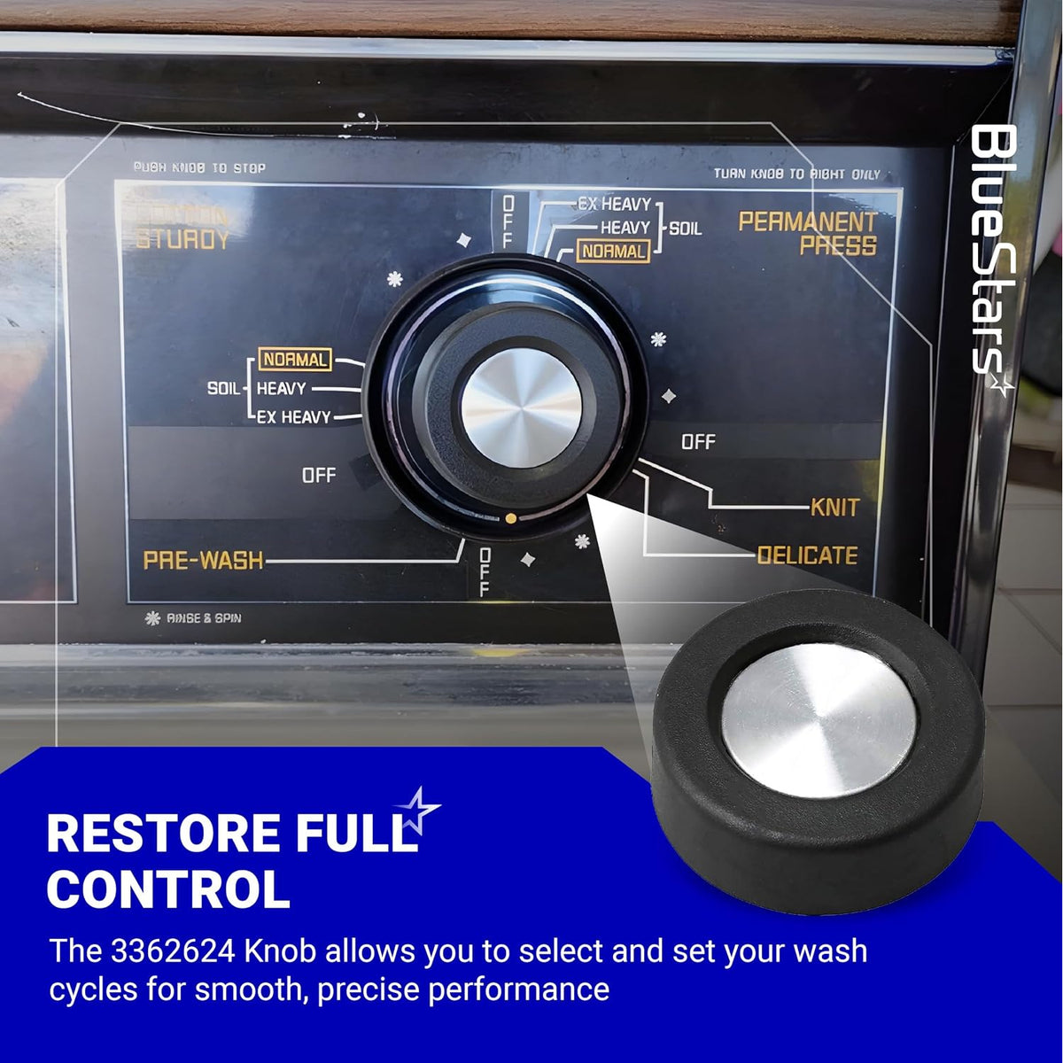 3362624 Washer Timer Knob shown installed on a washer control panel beside a loose replacement knob